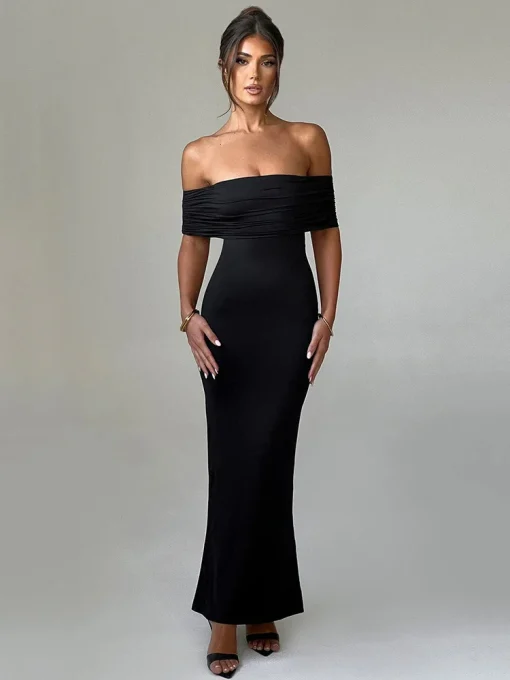 Mozision Strapless Backless Sexy Maxi Dress for Women | Black Solid Off-Shoulder Bodycon Long Dress | Elegant Club Party Dress 2024 - Image 2