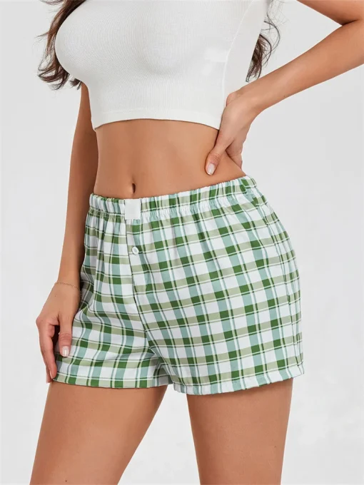 kf Sfe81b9c5b31a42c0a366aac0f457276fR Women s Summer Plaid Pajama Shorts Elastic Band Wide Leg Loose Fit Lounge Shorts Y2K Pajama