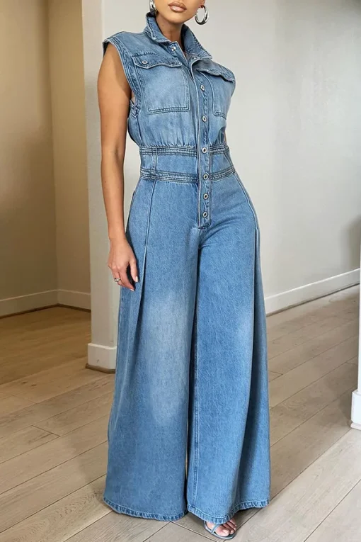 Summer 2024 Women’s Denim Jumpsuit – Sleeveless Wide-Leg High-Waist Overalls - Image 5