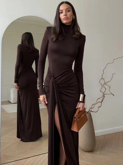 Mozision Turtleneck Thigh-High Split Sexy Maxi Dress – Long Sleeve, Draped Bodycon Club Dress, Autumn/Winter 2024