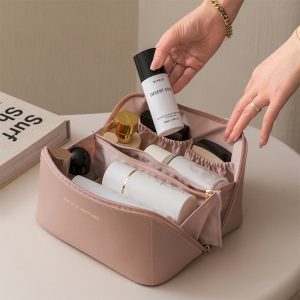 large leather travel cosmetic bag for women cosmetic organizer high capacity makeup bag storage pouch for