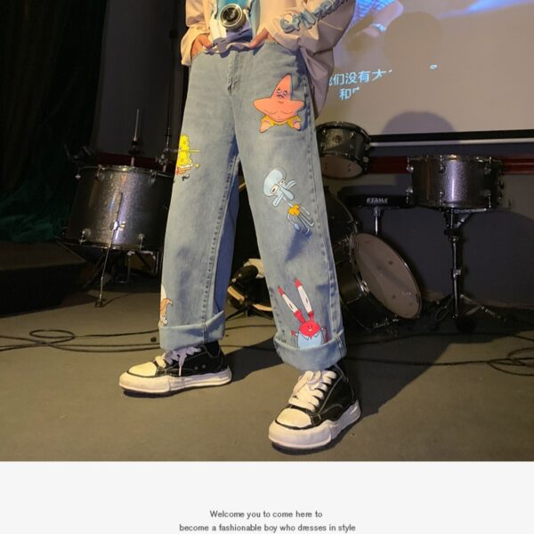 Men and Women Straight Loose Autumn Korean Style Cartoon Printed Jeans Pants Street Hip hop Handsome 4