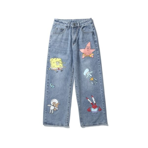 Men and Women Straight Loose Autumn Korean Style Cartoon Printed Jeans Pants Street Hip hop Handsome 5