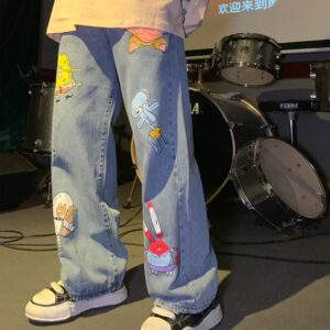 Men and Women Straight Loose Autumn Korean Style Cartoon Printed Jeans Pants Street Hip hop Handsome