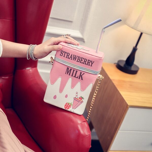 Personality Milk Box Shape Shoulder Bag Strawberry Lemon printed drink bottle shape bag with straw femle 4