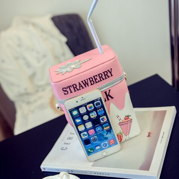 Personality Milk Box Shape Shoulder Bag Strawberry Lemon printed drink bottle shape bag with straw femle 5