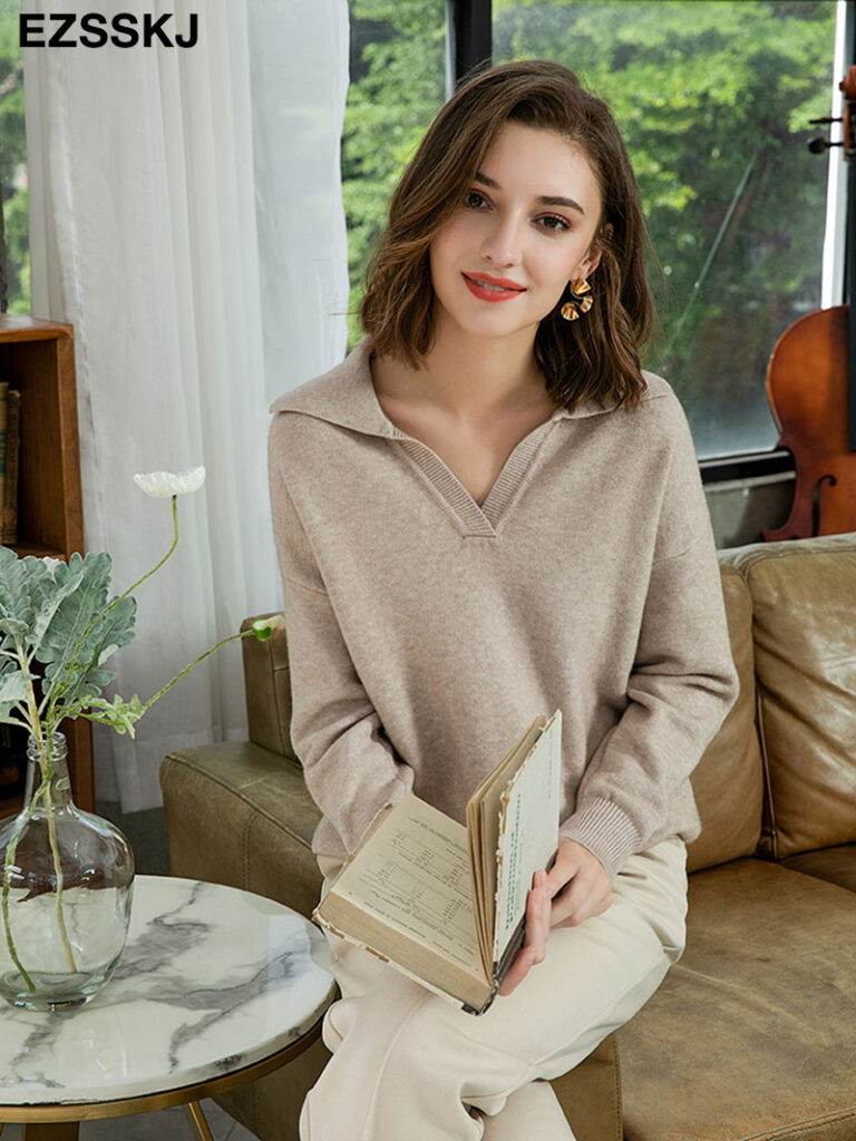 polo collar Autumn Winter Sweater pullovers Women 2021 loose thick cashmere Sweater Pullover women oversize sweater 3