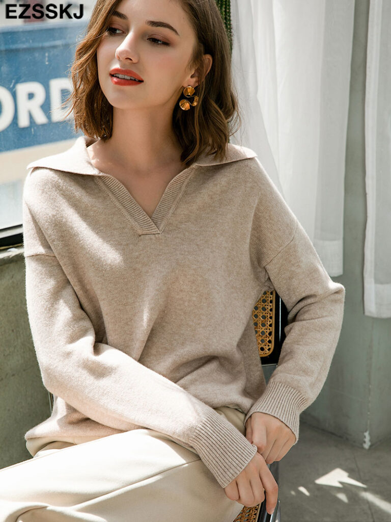 polo collar Autumn Winter Sweater pullovers Women 2021 loose thick cashmere Sweater Pullover women oversize sweater