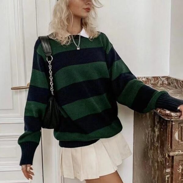 PUWD Cute Girls O Neck Striped Sweaters Pullover Cotton 2022 Spring Autumn Fashion Ladies Y2K Loose 4