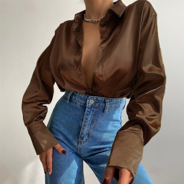 Satin Long Sleeve Blouses Women 2022 Vintage Blue Green Silk Shirt Women Casual Loose Button Up 4