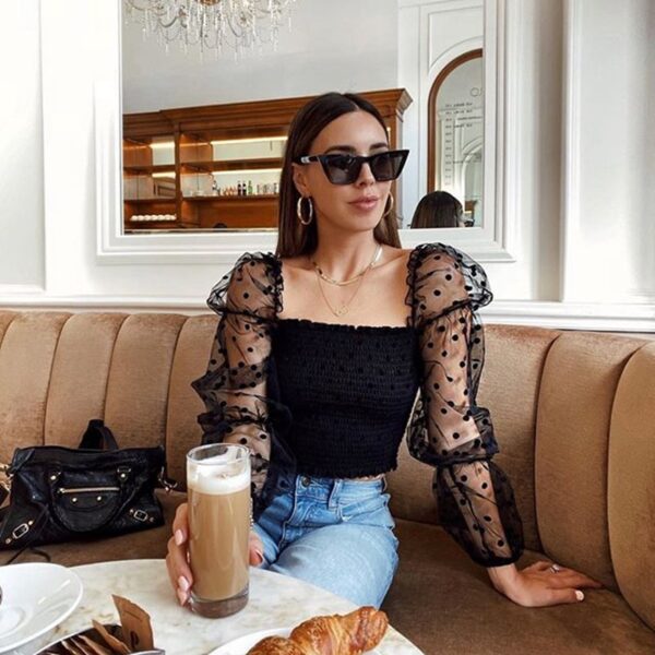 Sexy Mesh See through Women Blouse Square Neck Polka Dot Puff Tube Top Sheer Long Sleeve 3