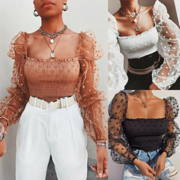 Sexy Mesh See through Women Blouse Square Neck Polka Dot Puff Tube Top Sheer Long Sleeve 5