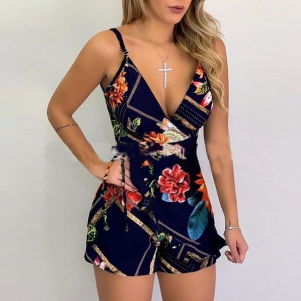 Sexy V neck Spaghetti Strap Floral Print Women Short Romper Playsuit Female Beach Ruffle Sleeveless 2021 2