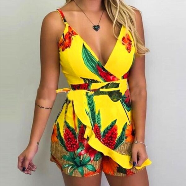 Sexy V neck Spaghetti Strap Floral Print Women Short Romper Playsuit Female Beach Ruffle Sleeveless 2021 3