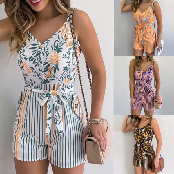 Sexy V neck Spaghetti Strap Floral Print Women Short Romper Playsuit Female Beach Ruffle Sleeveless 2021 5