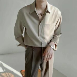 Spring New Senior Long Sleeve Button Down Shirts for Men Korean Fashion Loose Drape Solid Color