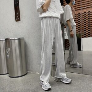 Summer Pleated Pants Men’s Fashion Black Gray Casual Pants Men Streetwear Loose Hip-hop Wide-leg Pants Mens Ice Silk Trousers