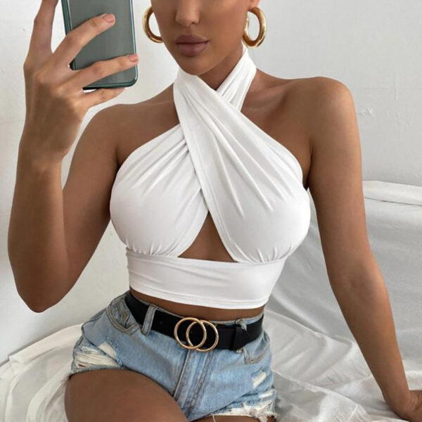 Women Summer Tank Tops Sexy Solid Color Cross Halter Neck Push Up Hollow Crop Tops 2022