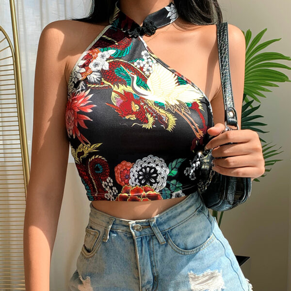 Women s Sexy Dragon Flower Printed Halter Sleeveless Backless Skinny Slim Cropped Tank Tops Summer Casual 2