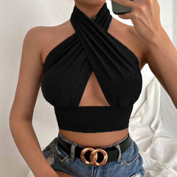 Women Summer Tank Tops Sexy Solid Color Cross Halter Neck Push Up Hollow Crop Tops 2022 5